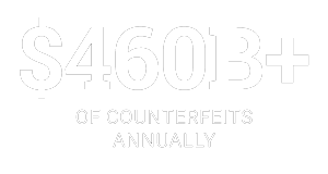Text showing '$460B+ of counterfeits annually' indicating the high cost of counterfeit goods globally